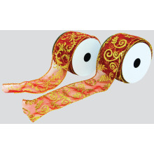 Red & Gold Leaf Fabric Ribbon 6cmx2.7M